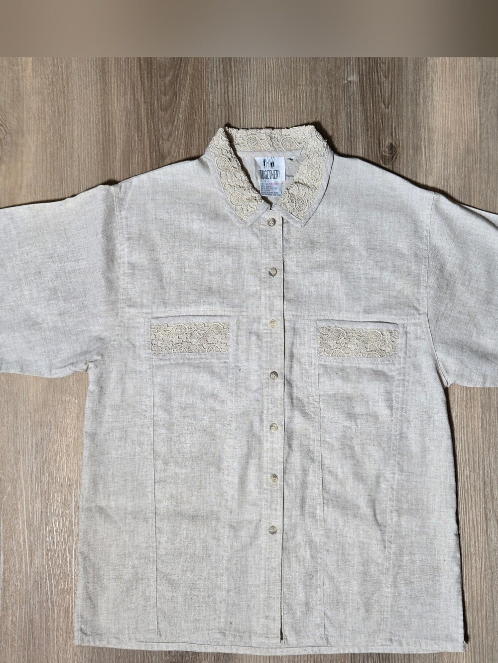 Vintage Linen Button-Down Shirt w Lace Trim